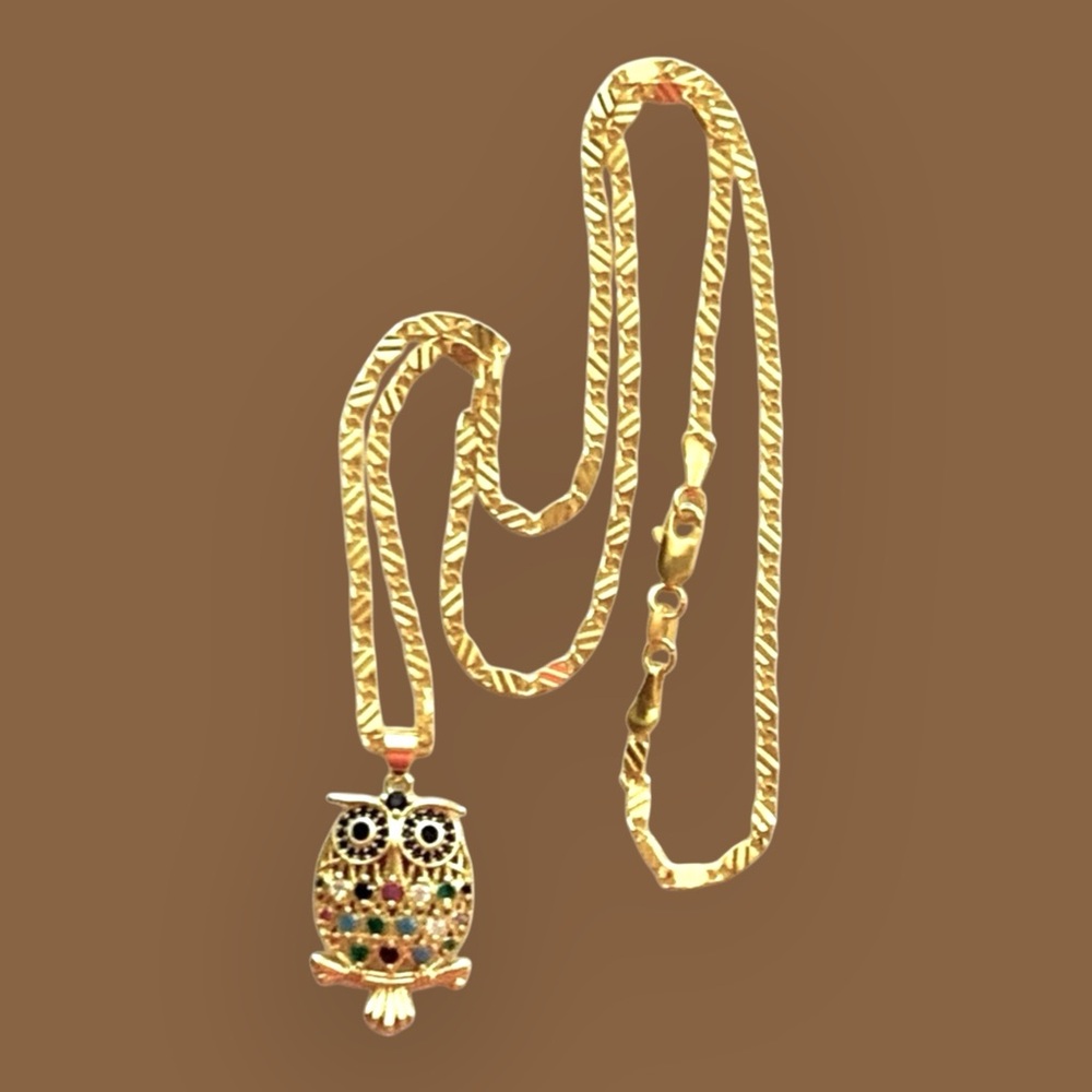 Gold & Multi Color Jeweled Owl Pendant Necklace - Picture 4 of 4